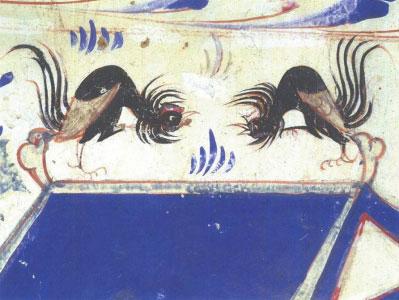 敦煌壁画中的斗鸡趣图：两只鸡 斗了1400年