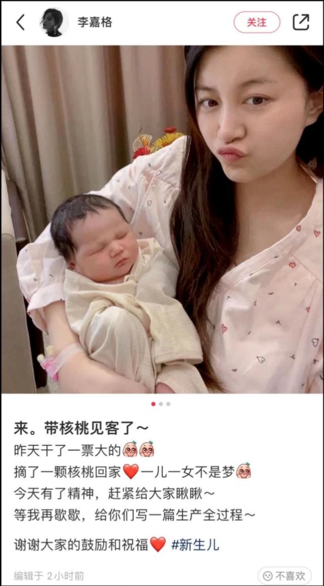 歌手李嘉格官宣二胎得子，晒母子合影超温馨，取名核桃长相随车澈