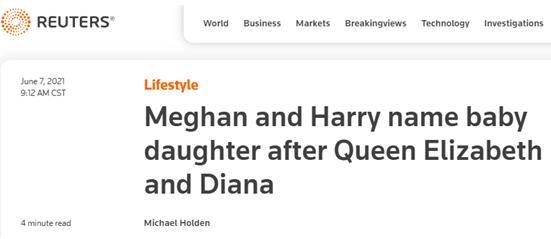 哈里夫妇宣布二胎产女，取名致敬英女王和戴妃