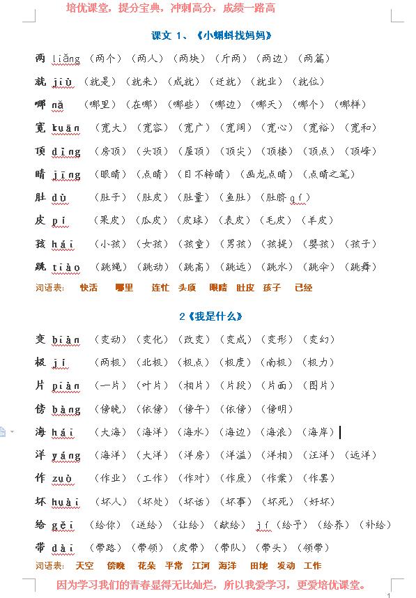 二年级语文上册 培优课堂 生字表注册与组语汇总 全套