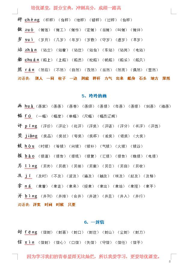 二年级语文上册 培优课堂 生字表注册与组语汇总 全套